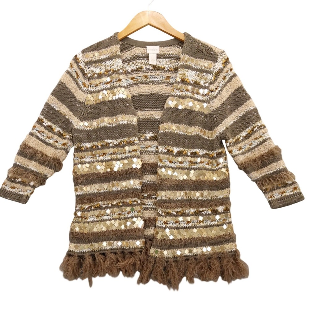 Chico's Open Front Cardigan Womens 1 M Petite Brown Gold Sequin Striped Fringe